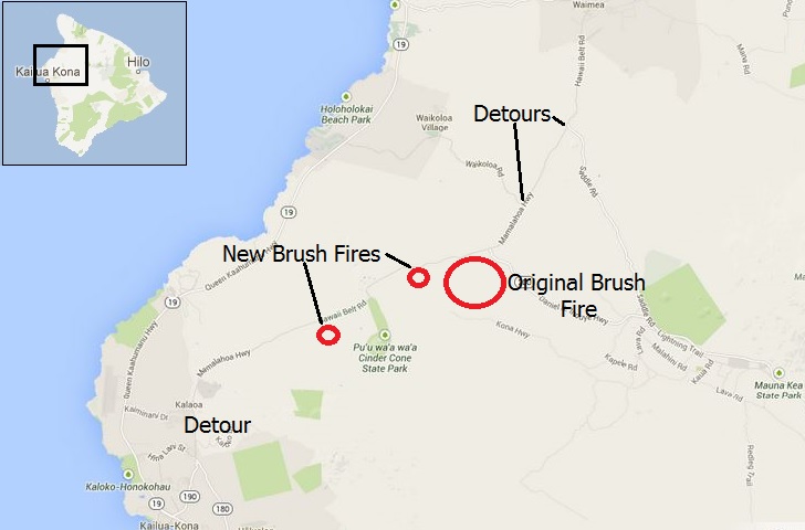 UPDATE Two New Brush Fires Close - Hwy 190 New Brush Fires Map 