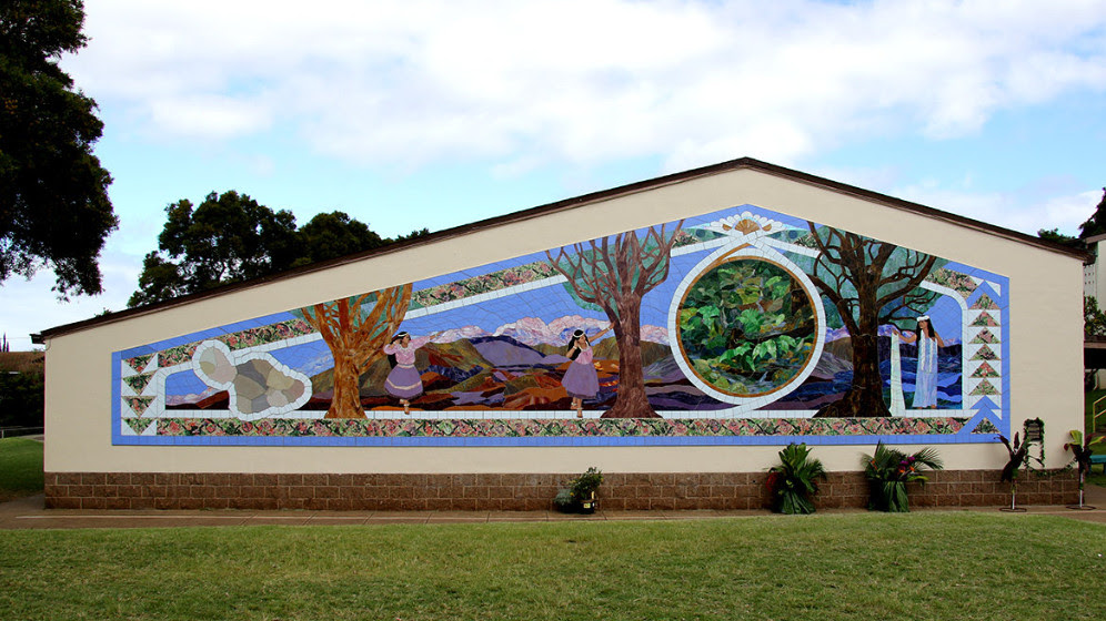 Calley O'Neill finished the stained glass mural Na Wao Ola A`o Pi`ilani (The Life Giving Forests of Maui) at Pukalani Elementary School in 2017. Maui Now file photo