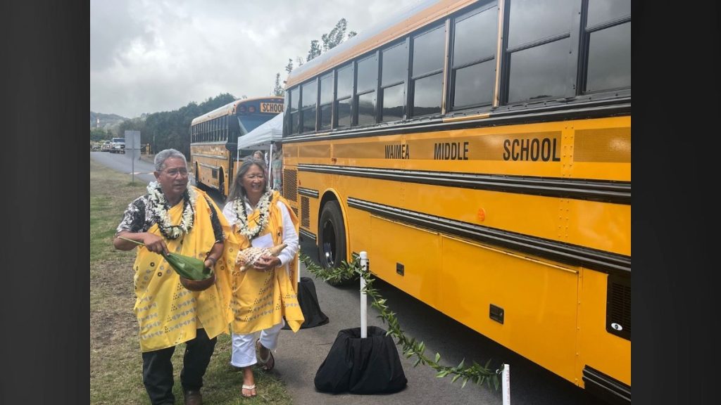 The new state-of-the-art buses were blessed in front of the Z-building at Waimea Middle Public Conversion Charter School on Aug. 18. (Photo Credit: Waimea Middle Public Conversion Charter School)