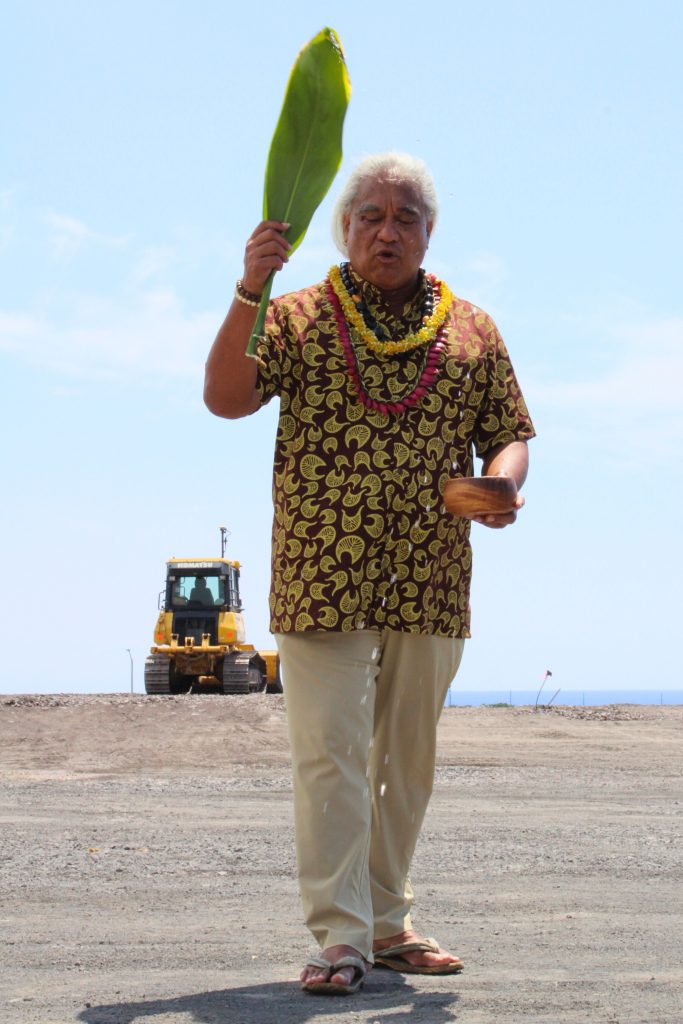 Kumu Keala Ching blessed the construction site of the Kukuiola Emergency Shelter and Assessment Center in Kona on Sept. 25, 2025. (Photo Courtesy: Hawaiʻi County)