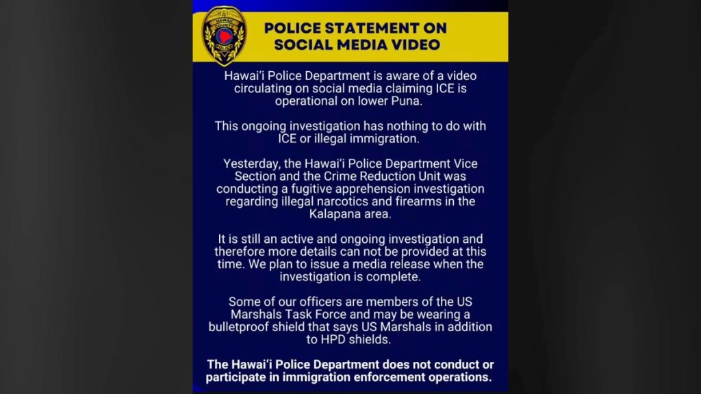 On Sept. 6, the Hawai'i Police Department shared a statement on social media clarifying that law enforcement does not participate in immigration operations. (Photo Credit: The Hawai'i Police Department)