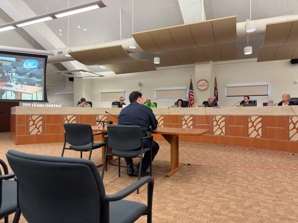 Reed Mahuna testifies in front the Hawaiʻi County Police Commission on Jan. 30, 20226, for the chief position. (Photo Credit: Tiffany DeMasters/Big Island Now)