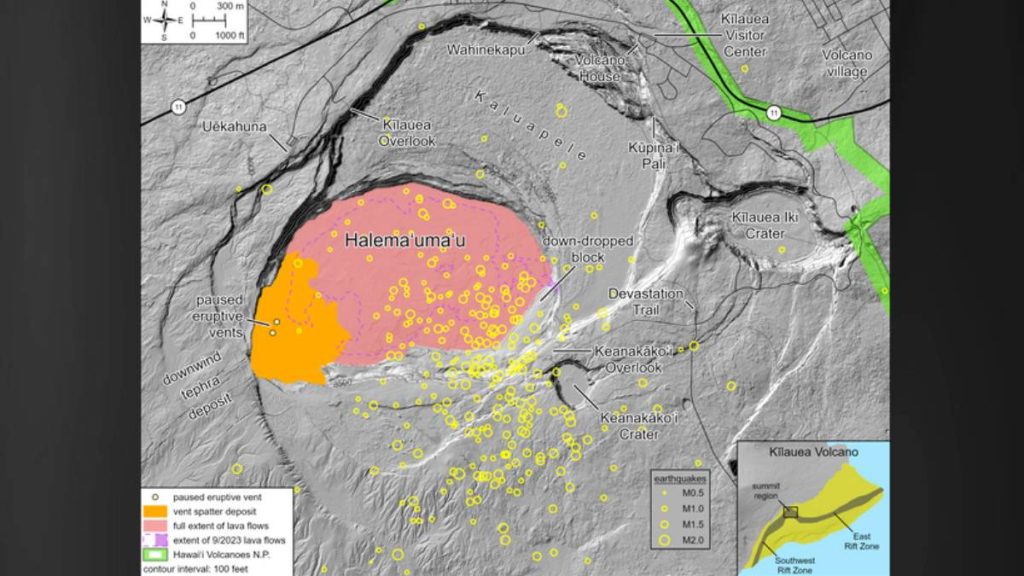 Sources/Usage: Public Domain. View Media Details. This map depicts the locations of approximately 300 earthquakes that have occurred between January 12 and 22, 2026, in the summit region of Kīlauea volcano. Most earthquakes have been smaller than magnitude-2, with locations broadly distributed beneath Halemaʻumaʻu and the south caldera region of Kīlauea summit.