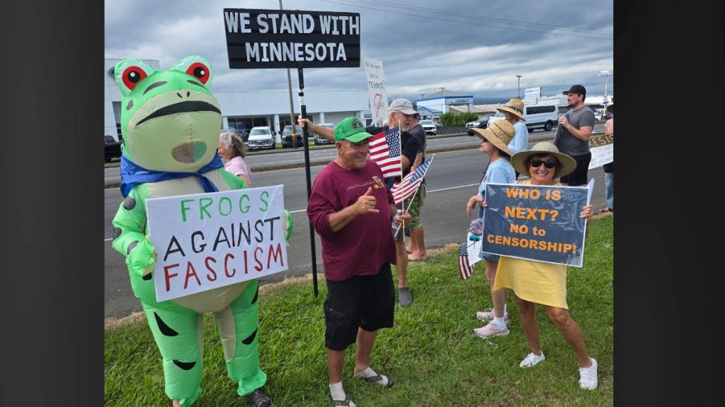 About 250 attended a protest against mass deportations and more government funding to U.S. Immigration and Customs Enforcement on Feb. 1 on the Big Island. (Photo Credit: Indivisible of East Hawai'i)