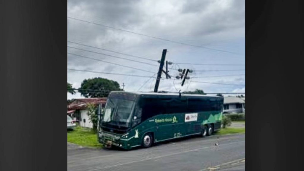 A parked Hele-On bus with.a mechanical issue rolled backwards and struck a utility pole. (Photo Credit: Hawaiʻi Island Police)