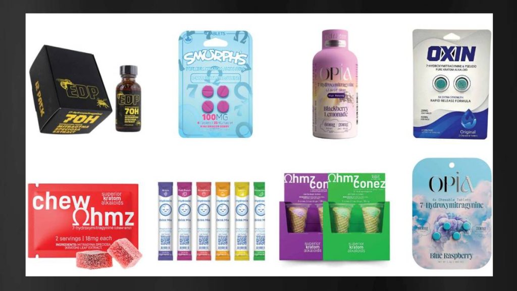 These images of 7-OH products are select illustrative examples and do not represent the full scope on the market. Consumers should read packaging and labels carefully to determine whether a product contains 7-OH. Source: FDA