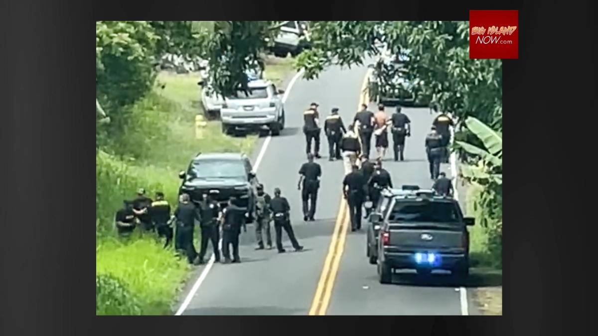 Hawaiʻi Island police captured triple murder suspect Jake Baker around 3 p.m. on May 28, 2026, in Kaimu near Kalapana. (Screen shot: Deborah Davis video)