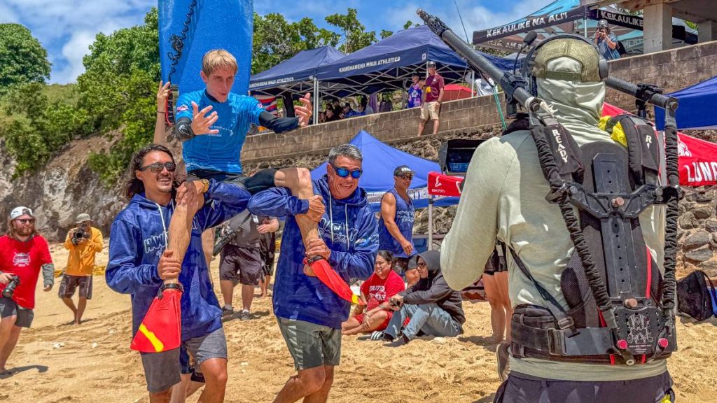 Felix Barton of the Hawaiʻi Academy of Arts & Science won the boys bodyboard title during Hawai'i's first state high school surfing championship at Ho'okipa Beach Park on Maui on May 2, 2026. (Cammy Clark/Big Island Now)