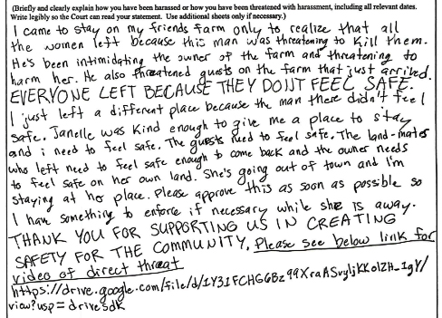On May 22, a woman requested a restraining order against Jacob Baker, saying he threatened to kill people at a farm. (Screenshot: Court Document)