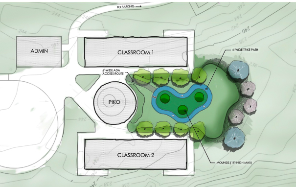 The new ʻImiloa preschool being built by the Hawaiʻi School Facilities Authority will have two classroom buildings, and administrative building and an outdoor play area with a trike path. (Map: Final Environmental Assessment)