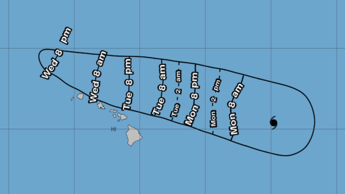 The National Weather Service's 11 p.m. advisory shows this mpa of the earliest reasonable arrival time of tropical-storm-force winds from Hurricane Fausto.