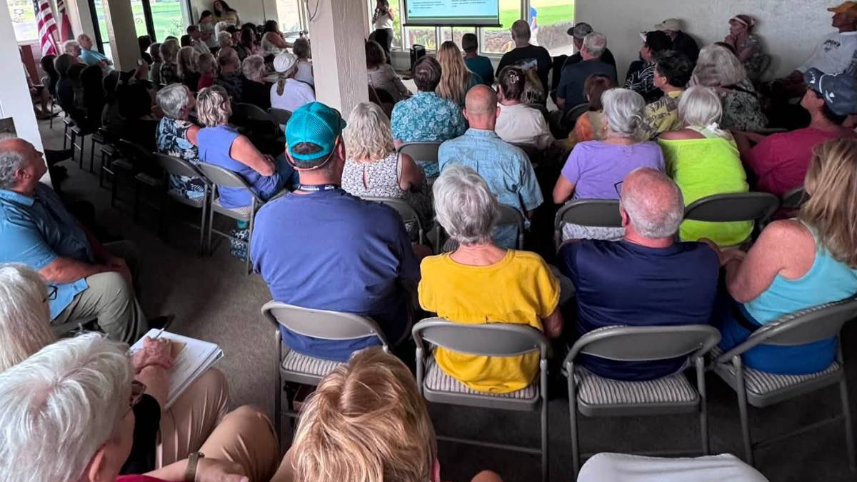 Residents packed a public meeting with about 60 also listening online on July 14, 2026, to hear the results of a new evacuation study for the Waikōloa community. (Photo Credit: Waikōloa Village Association)