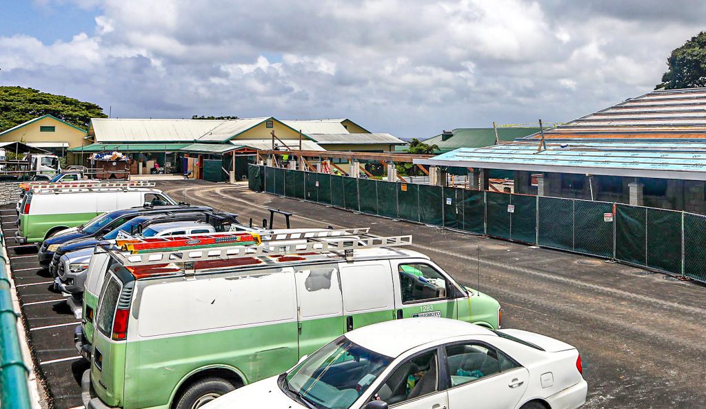 Construction on two new buildings, one for the cafeteria and the other for a library and computer lab, will continue until the end of the year. July 30, 2026. (Kelsey Walling/Big Island Now)