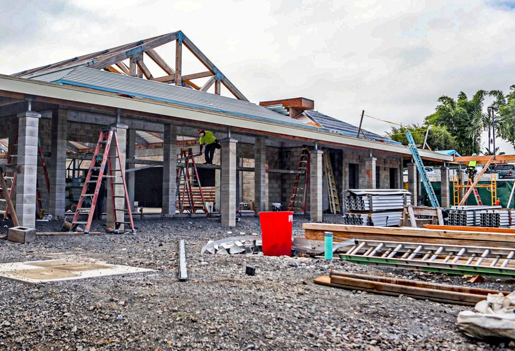 Crews work on the multi-purpose cafeteria building at Haʻaheo Elementary School on July 30, 2026. The new building is set to be open by the end of 2026. (Kelsey Walling/Big Island Now)