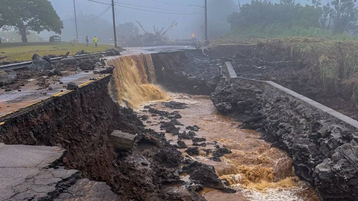 A portion of Highway 11 by the Kaʻū Hospital was badly washed out by raging flood waters during Hurricane Lala on Aug. 15, 2026. (Photo Credit: Erika Polido/Kaʻū Hospital Administrator)