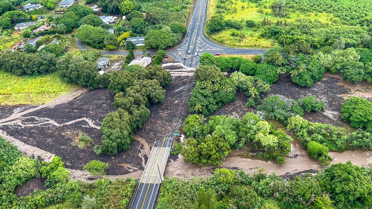 Damage from Hurricane Lala observed during a flyover by Hawai‘i County officials on Aug. 16, 2026. (Photo courtesy: Hawai‘i County)