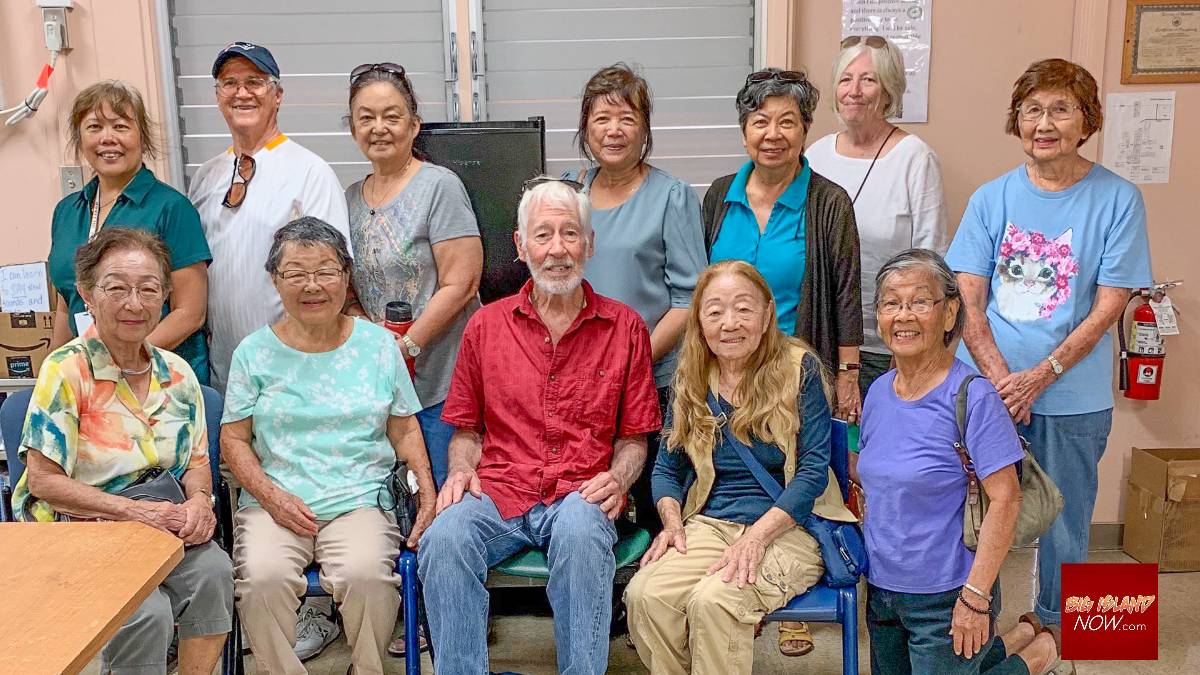 Former teacher May Doi (front row, second from right) attended a 2019 get-together of staff who worked at Nāʻālehu Elementary School. (Photo Courtesy: Nāʻālehu Elementary School)