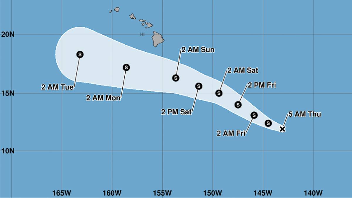 Tropical Depression Two-C. It now has sustained winds of 35 mph and is about 960 miles east-southeast of Hilo. (Map: National Hurricane Center)