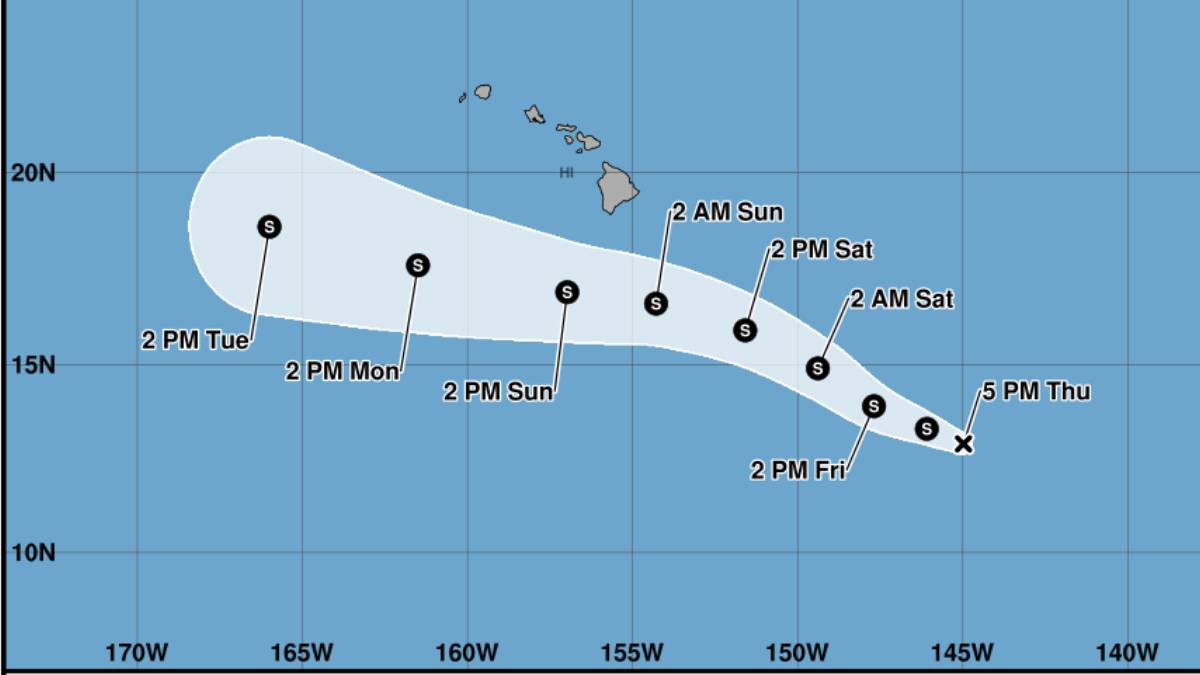 Tropical Depression Two-C has sustained winds of 35 mph and is about 900 miles east-southeast of Hilo as of 11 a.m. on Thursday. (Map: National Hurricane Center)