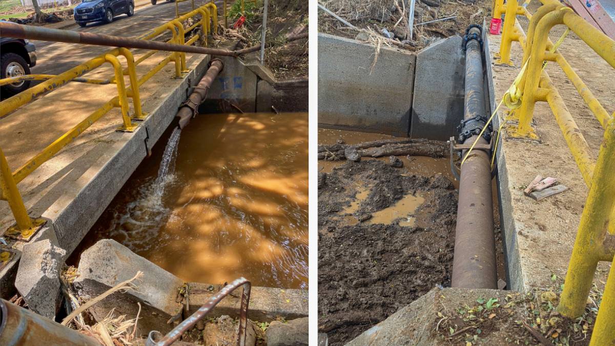 The waterline between Nāʻālehu Elementary School and Punaluʻu Bake Shop was severed by flood waters from Hurricane Lala (left). On Aug. 21, 2026, the Department of Water Supply repaired this waterline and will start to test it. (Photos: Department of Water Supply)