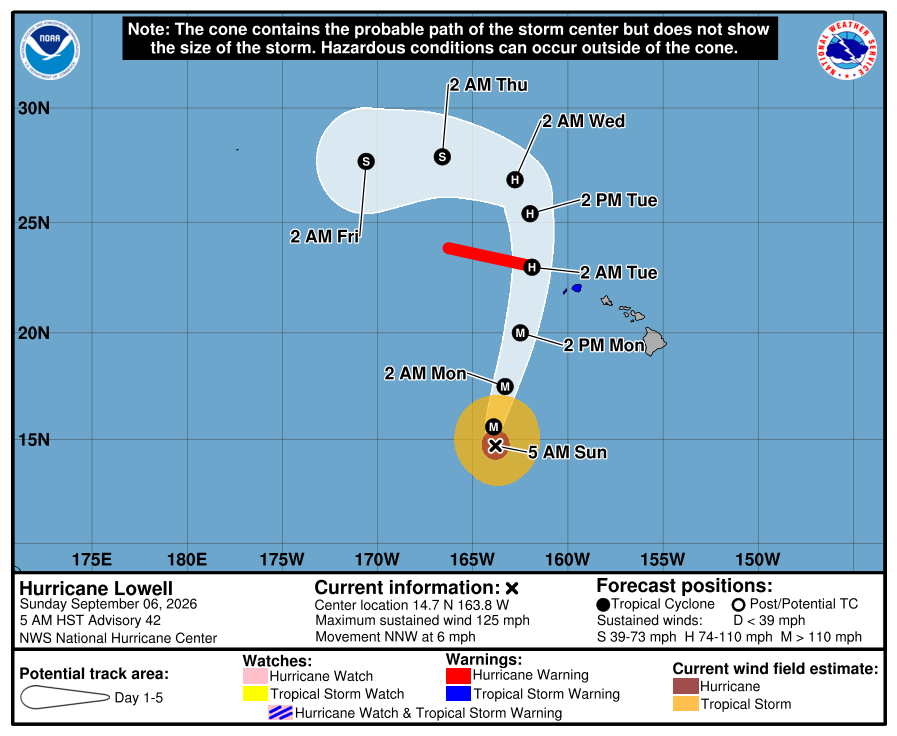 The forecast cone of Hurricane Lowell as of the Sept. 6, 2026, 5 a.m. advisory of the Central Pacific Hurricane Center.