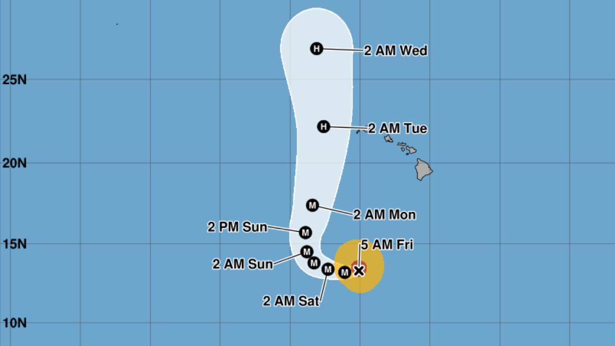 The forecast track of Hurricane Lowell as of the 5 a.m. advisory on Sept. 4, 2026, from the Central Pacific Hurricane Center.