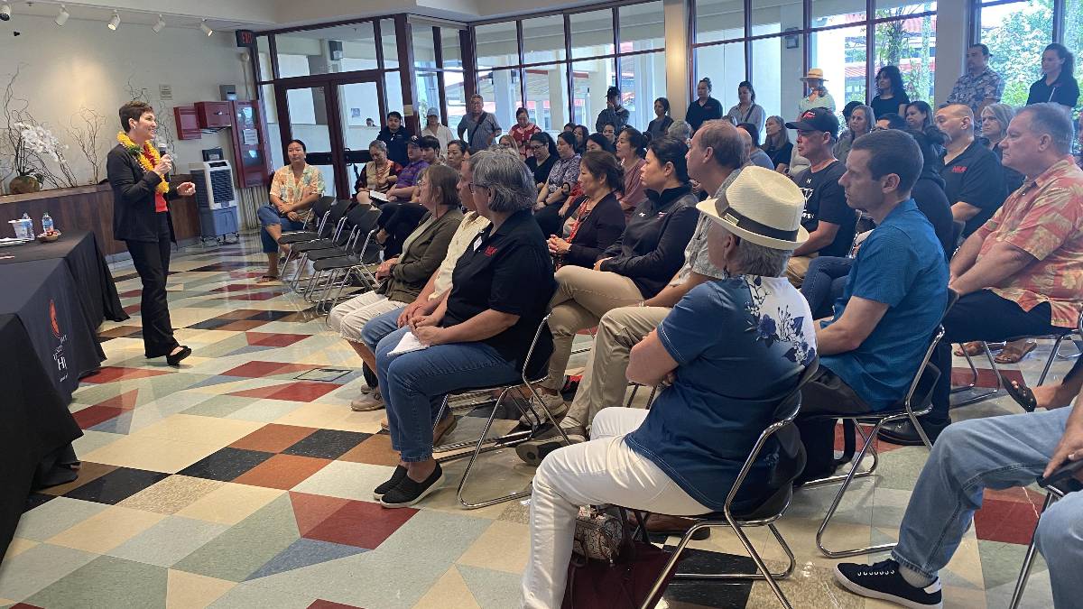 University of Hawaiʻi President Wendy Hensel speaks to a packed town hall on the campus of UH Hilo on Sept. 22, 2026. (Photo credit: UH)