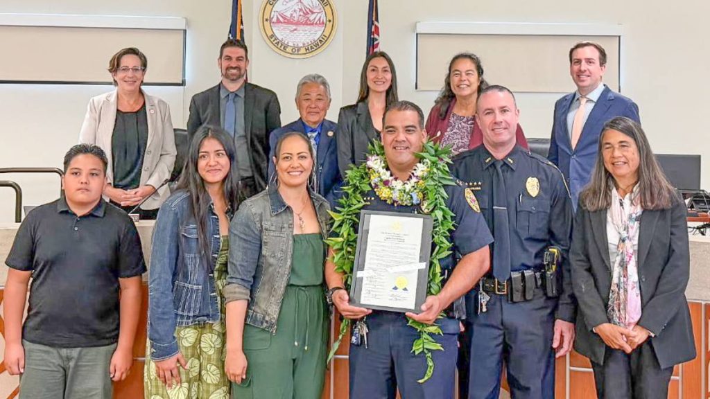 Hawaiʻi Police Capt. Pernell Hanoa was awarded with the Hāweo Award for his leadership and service to the Kāʻu District during and after Hurricane Lala. (Photo Credit: Hawaiʻi County)