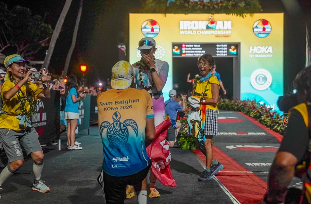 Gudrun Hespel of Belgium cries after boyfriend proposes to her on the Ironman World Championship finish line on Oct. 10, 2026. (Tiffany DeMasters/Big Island Now)
