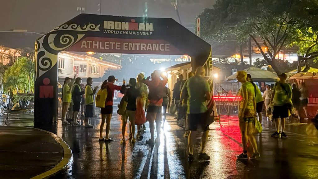 Two hours before the start of the Ironman World Championship and athletes are arriving to a rainy morning in Kailua-Kona. Oct. 10, 2026 (Tiffany DeMasters/Big Island Now)