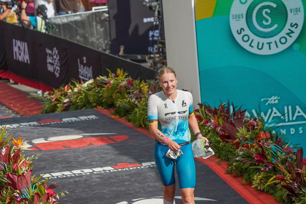 Defending World Champion Solveig Løvseth of Norway collapsed 1 km from the finish line while in the lead, but she pulled herself together and walked the rest of the way to place 8th in the Ironman World Championship in Kona on Oct. 10, 2026. (Tiffany DeMasters/Big Island Now)