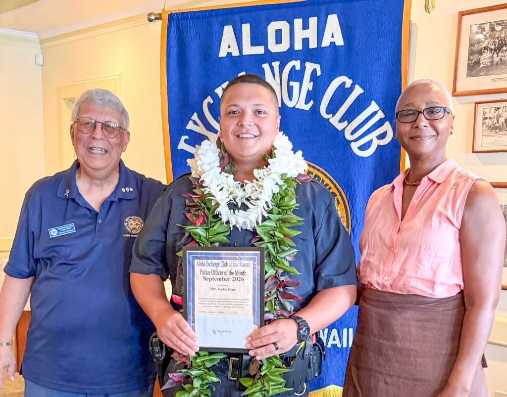 Puna Patrol Officer Taylor Cruz as the September Officer of the Month at the Aloha Exchange Club of East Hawaiʻi luncheon on Oct. 22, 2026. (Photo Credit: Aloha Exchange Club of East Hawaiʻi)