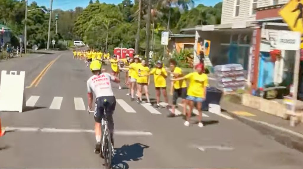 American Taylor Knibb was leading the women's race of the Ironman World Championship at the turnaround of the bike course in Hawi on Oct. 10, 2026. (Screenshot of Ironman video)