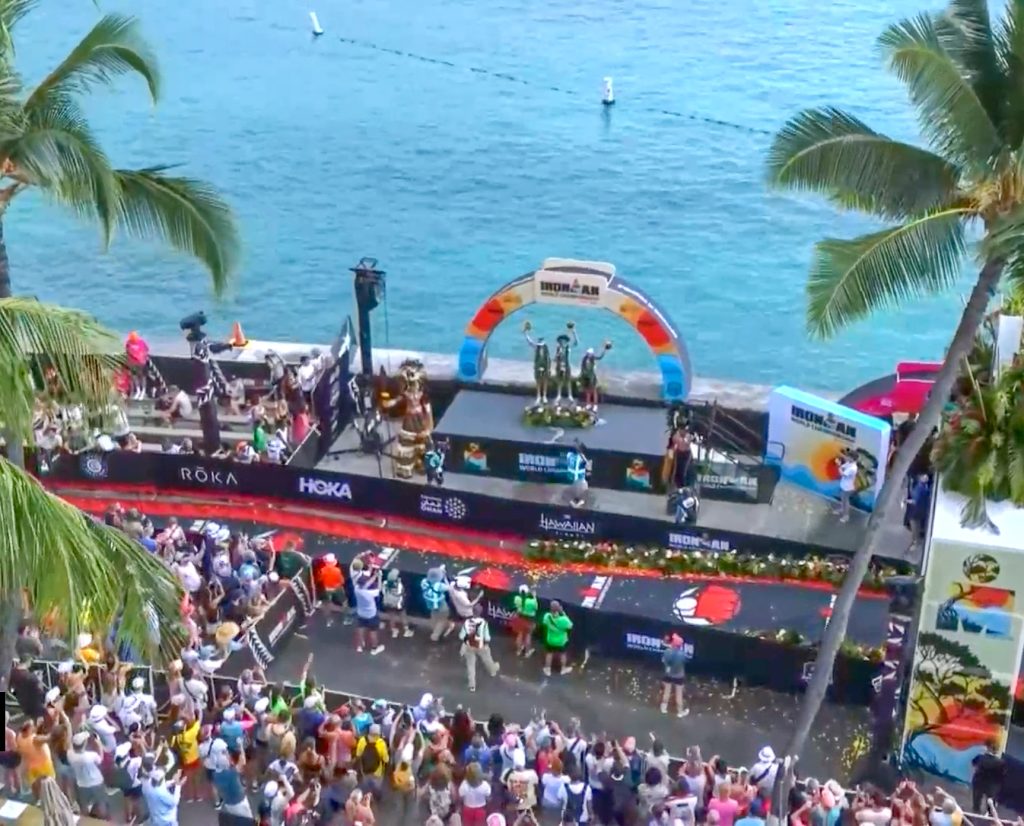 The women's top three finishers of the Ironman World Championship were cheered on by a large crowd along Aliʻi Drive in Kona on Oct. 10, 2026. (Screenshot Ironman video)