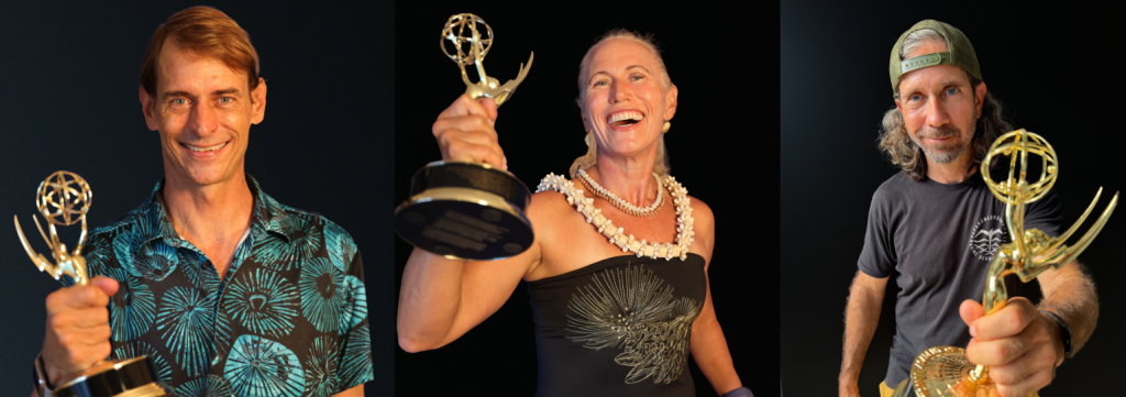 Left-to-right: Thor Seraphin, Kanesa Duncan Seraphin and Andrew Sullivan-Haskins won a regional Emmy in 2026 for an episode of the University of Hawaiʻi's "Voice of the Sea" TV series. (Photos: UH)