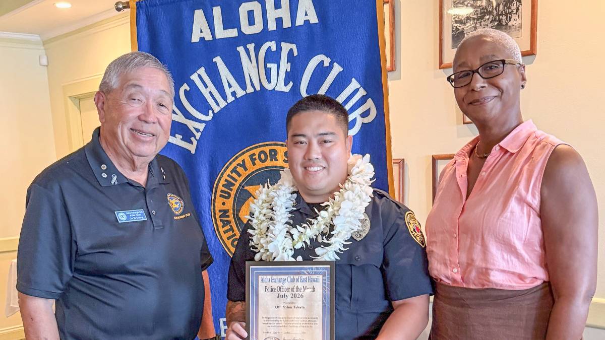 Hilo Patrol Officer Xylon Takata was recognized as theJuly Officer of the Month at the Aloha Exchange Club of East Hawaiʻi luncheon on Oct. 22, 2026. (Photo Credit: Aloha Exchange Club of East Hawaiʻi)